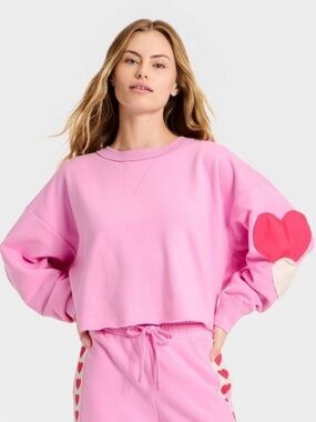 JoyLab Pink Cropped Crewneck Long Sleeve Top Heart Patch Sweater NWT Medium